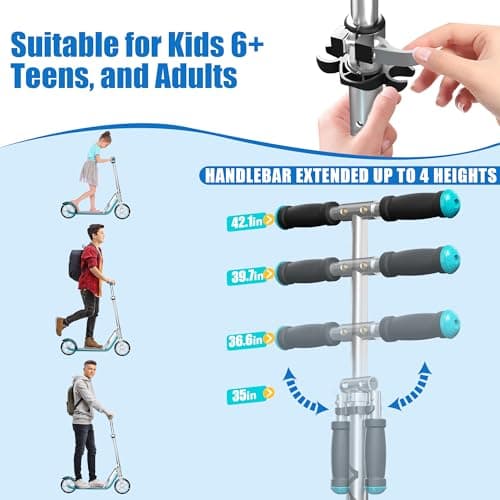 Scooter for Kids 6-12 & Adults | Adjustable Height, Foldable, Lightweight Aluminum Frame | Holds Up to 220lbs | Smooth Ride on Any Terrain