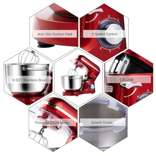 Aucma Stand Mixer,6.5-QT 660W 6-Speed Tilt-Head Food Mixer, Kitchen Electric Mixer with Dough Hook, Wire Whip & Beater 2 Layer Red Painting (6.5QT, Red)