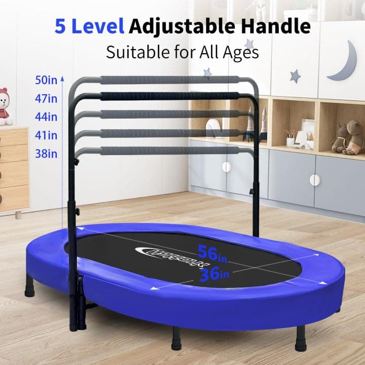 Nattork 56" Kids Trampoline Indoor, Double Trampoline with Adjustable Handle for Kids, Indoor/Outdoor Foldable Jumper, Max Load 220lbs