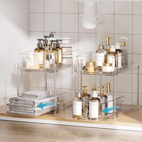 Vtopmart 4 Pack Bathroom Organizer, 2 Tier Clear Under Sink Organizers Vanity Countertop Storage Container,Cabinet Drawers Bins, Pull-Out Organization with Track for Pantry, Kitchen