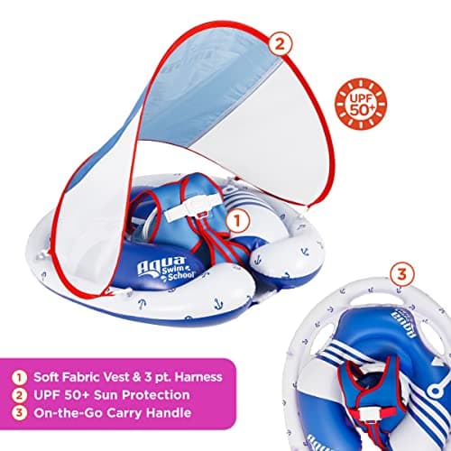 SwimSchool Freestyle Swimmer Baby Pool Float with Multi-Position, Adjustable Safety Seat, Free Swimming, Dual Air Chambers Safe, Red-White-Blue Nautical