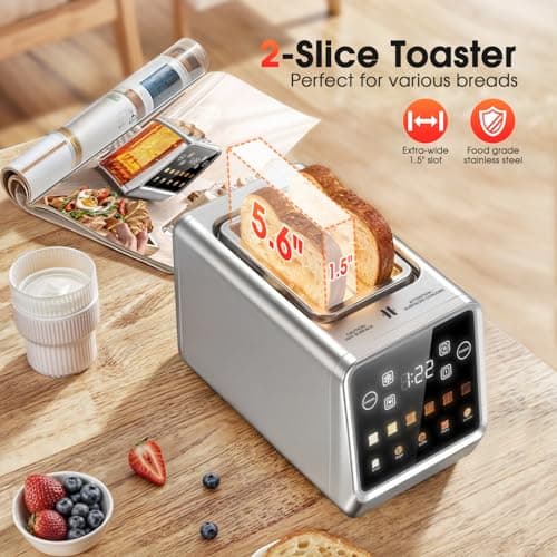 2 Slice Toaster Touch Screen with 1.5" Wide Slots & Memory Recall | 900W Fast Even Toast | LCD Display + 6 Shade Settings for Bagels & Thick Bread