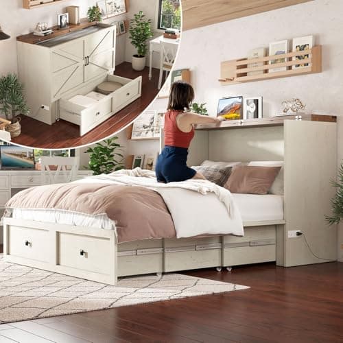 AMERLIFE Queen Murphy Bed with Storage & Charging Station, Farmhouse Murphy Cabinet with Foldable Panel, Noisy Free, for Guest Bedroom, Living Room, Office, Distressed White & Barnwood