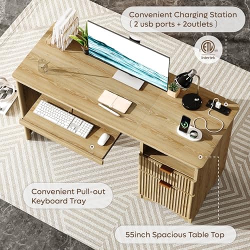 Bestier Computer Desk with Keyboard Tray, 55 inch Office Desk with Power Outlet, Modern Home Office Desk with File Drawer (Natual Oak, 55" W with Single-Sided Drawers)