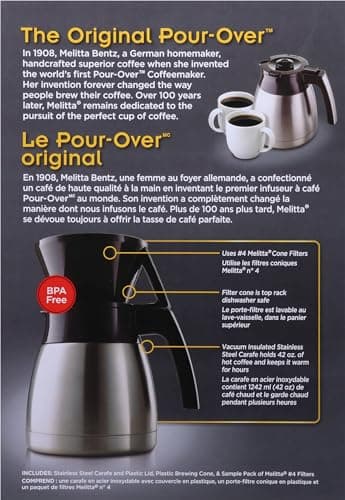 Melitta Pour-Over Coffee Brewer & Stainless Steel Carafe Set with Coffee Filters, 42 Ounce Set