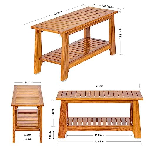 NNN 24" Commercial Teak Shower Bench - 8 Non-Slip Leveling Feet & 350 lbs Capacity | Rock-Solid Stability for Seniors & Spa Safety | Waterproof Design for Saunas/Outdoor Pools (Patented)