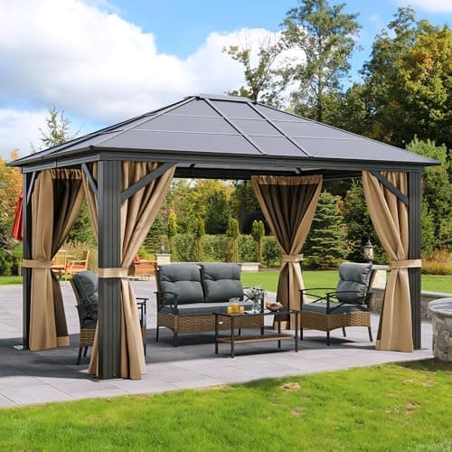 YITAHOME 10x12 Polycarbonate Gazebo Hardtop Outdoor Canopy with Netting and Shaded Curtains, Aluminum Frame Garden Tent for Patio, Backyard, Deck and Lawns, Brown