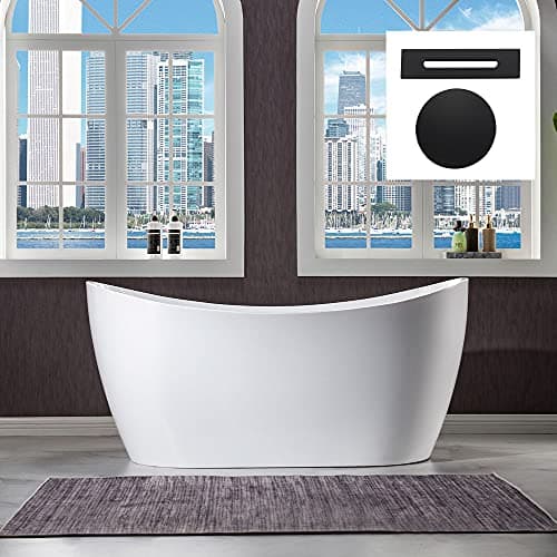 WOODBRIDGE 59" Acrylic Freestanding Bathtub Contemporary Soaking White Tub with Matte Black Overflow and Drain，B0016 -MB-Drain &O