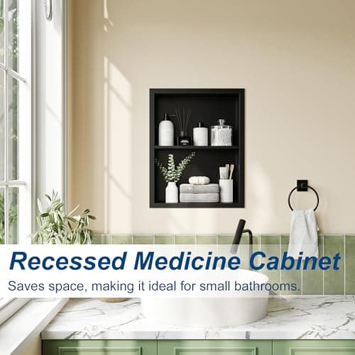 14x18 Medicine Cabinet Recessed, Medicine Cabinet Without Mirror, 304 Stainless Steel Medicine Wall Niche with Double Shelves, Matte Black