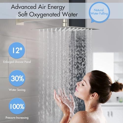 Shower Jets System, 12 Inch Thermostatic Rainfall Shower System with 6 Body Spray Jets (Can All Run Together) Full Body Spray Shower System, Shower Valve Included, Brushed Nicke
