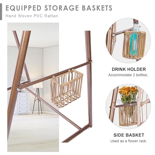 Reinforced Base & Triangular Structure Hammock Stand with 2 Storage Baskets, Swing Stand with 3 Hooks Fit for Most Hanging Chair for Oudoor&Indoor (Stand Only) (Coffee)