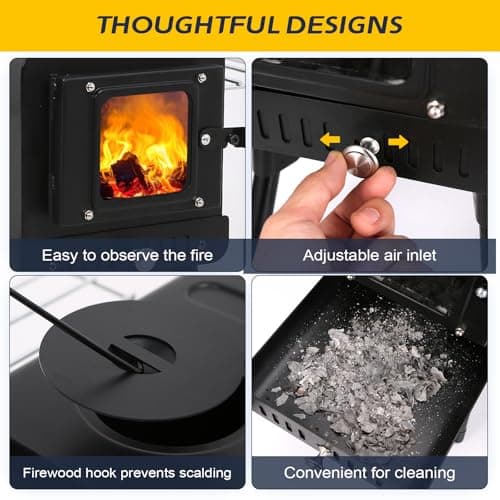 Black Wood Burning Tent Stove, 7 Section Stainless Steel Chimney, Portable Hot Tent Stove for Camping, Hunting, Ice Fishing