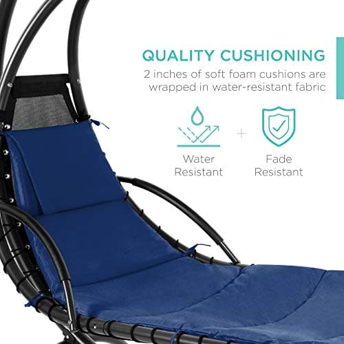 Best Choice Products Outdoor Hanging Curved Steel Chaise Lounge Chair Swing w/Built-in Pillow and Removable Canopy - Navy Blue