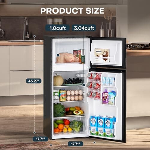 Upstreman 4.0 Cu.Ft. Mini Fridge with Freezer, Dorm Essentials, Double Door, Small Refrigerator for Office, Dorm, Bedroom, Adjustable Thermostat, Large Capacity, Stainless-SR401
