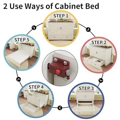 Queen Size Murphy Bed with Charging Station, Cabinet Bed with Large Storage Drawer for Home Office or Small Room, Hideaway Full Foldable Platform Bed, Barnwood+White