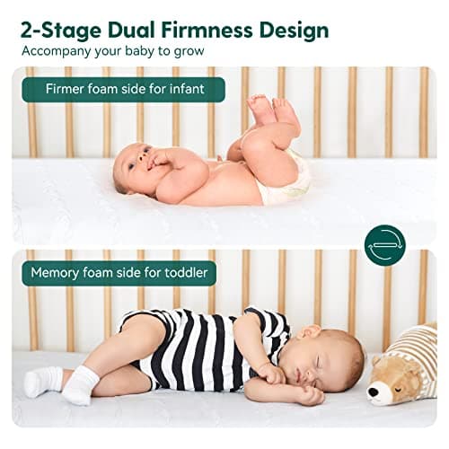 BABELIO Breathable Crib Mattress, Dual-Sided, Memory Foam, Waterproof, Removable and Machine-Washable Cover, for Toddler and Baby 52" x 27.5"