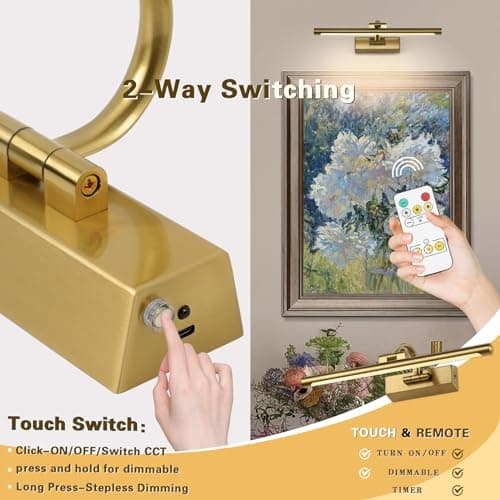 JUSHENG Wireless Picture Lights Battery Operated with Remote and Timer Brass Art Light with Swing Arm Rechargeable Gallery Lighting Artwork Lamp 15.75'' Inch 3W