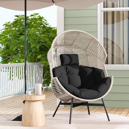 Tangkula Oversized Egg Style Chair, Wicker Stationary Patio Egg Chair w/Cushions & Headrest, Heavy-Duty Metal Frame, Patio Lounge Basket Sofa Chair for Yard, Porch, Living Room