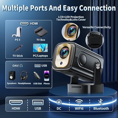 Mini Projector 1080P with WiFi 6 and Bluetooth 5.4, 4K Full HD Projector Features Auto Focus & Keystone, Portable Projector Built-in App Support 270° Rotatable, Compatible with Phone/HDMI/USB - Black