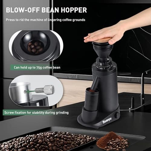 Huanyu Commercial Coffee Grinder Variable Speed Time Based Dosing Flat Burr Knob Control Professional Grinder with 8 Stepless Grinding Settings