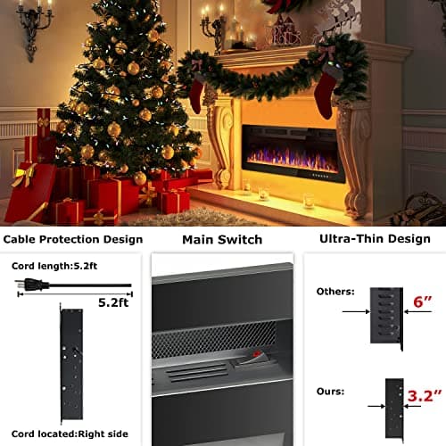 Vitesse 72 inch Ultra-Thin Electric Fireplace in-Wall Recessed and Wall Mounted Fireplace Heater,Linear Fireplace with Multicolor Flame,Timer,Low Noise,750/1500W,Touch Screen & Remote Control(72’’)