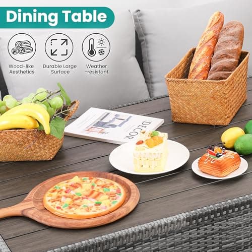 Patio Furniture Set, 7 Pieces Outdoor Patio Furniture with Dining Table&Chair, All Weather Wicker Conversation Set with Ottoman,Grey (Include Sofa Dust Cover)