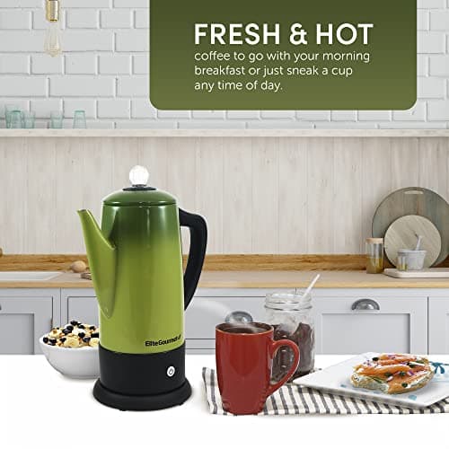 Elite Gourmet EC812G Vintage 50’s Electric Coffee Percolator Clear Brew Progress Knob Cool-Touch Handle Cord-less Serve, 12-Cup, Retro Green