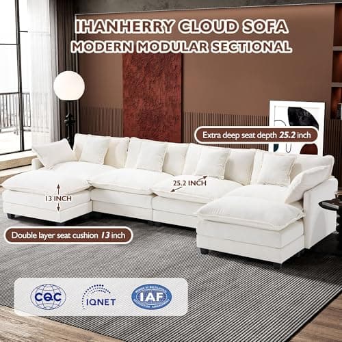 Ihanherry 146" U-Shaped Modern Sofa Modular Sectional Cloud Couch with 2 Ottoman, 6-Seat Chenille Deep Seat Sofa with 6 Pillows for Living Room, Bedroom and Apartment, Beige