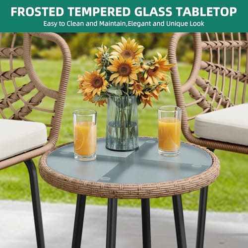 YITAHOME 3-Piece Outdoor Wicker Patio Conversation Bistro Set, All-Weather Furniture Set with Table & Cushions, Outdoor Sectional Sofa for Balcony, Backyard, Deck, Beige