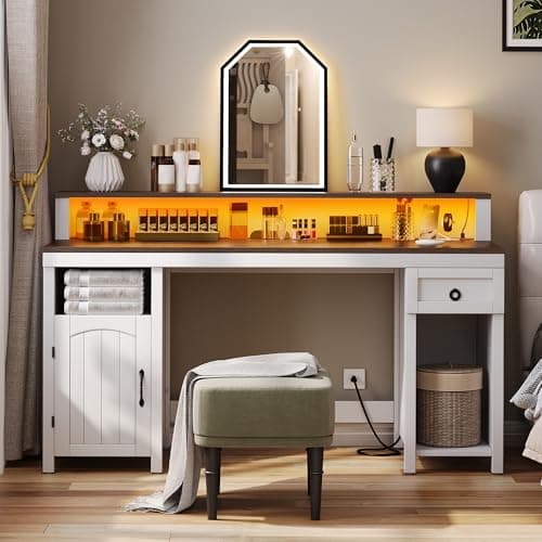 DWVO Farmhouse Office Desk with Drawer & Power Outlets, Wood Computer Desk w/LED Strip & Monitor Stand for Bedchamber Study, Home Office Table with Storage Cabinet for Working Writing Gaming (White)
