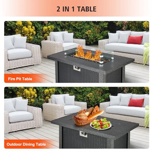 Outdoor Fire Table, 44 inch Rectangle Propane Gas Fire Pit Table, 50,000 BTU Modern Firepit with Wind Guard, Lava Rock, Rain Cover