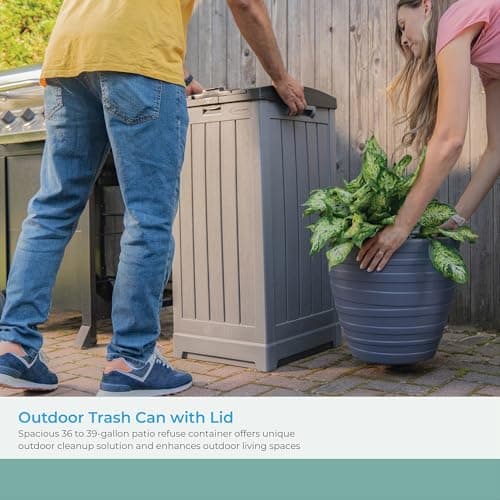 Suncast Trash Hideaway 39 Gallon Outdoor Trash Can Patio or Deck Waste Bin with Latching Lid, Liquid Tray, Handles, and Trash Bag Holder, Peppercorn