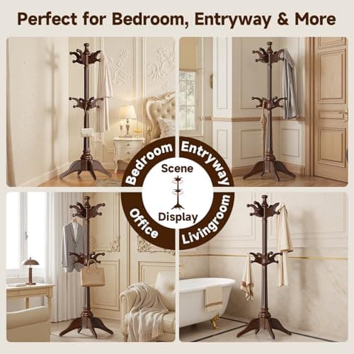 Solid Wood Rotary Coat Rack Freestanding, Heavy Duty Coat Hanger Stand with 2 layer Multi-direction Hooks, 360° Rotating Standing Coat Rack Tree for Entryway, Bedroom, Office, H: 77.6in (Walnut)