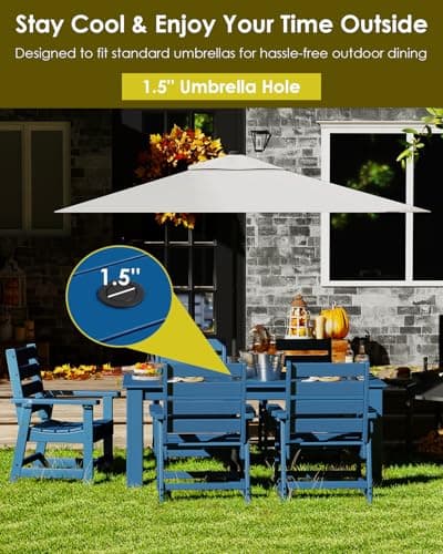 GREENVINES 7-Piece Outdoor Dining Set | HDPE | Patio Table and Chairs Sets for 6 | Patio Furniture | All Weather | Umbrella Hole | Blue| for Backyard Poolside Garden