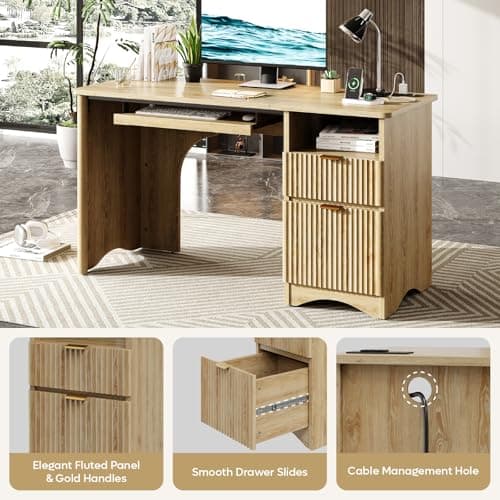 Bestier Computer Desk with Keyboard Tray, 55 inch Office Desk with Power Outlet, Modern Home Office Desk with File Drawer (Natual Oak, 55" W with Single-Sided Drawers)