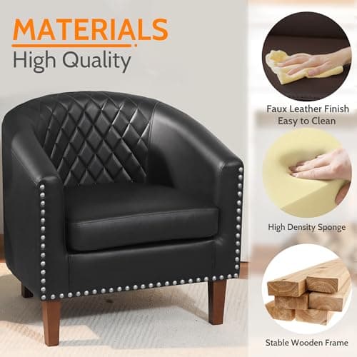 PrimeZone Barrel Chair Set of 2, Comfy Accent Chair, Faux Leather Living Room Chairs Club Chair with Cushion, Nailhead Trim and Diamond Grid Backrest, Reading Chair for Bedroom Waiting Room, Black