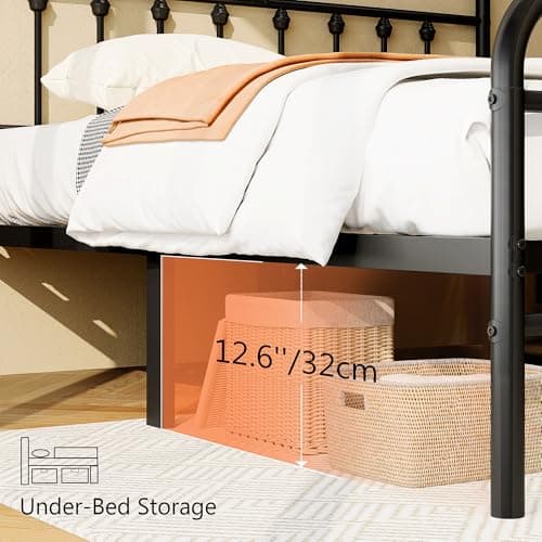 King Size Metal Platform Bed Frame/Victorian Style Headboard and Footboard/Steel Slat Support/Easy Assembly/No Box Spring Needed/Underbed Storage/Noise Free/Black