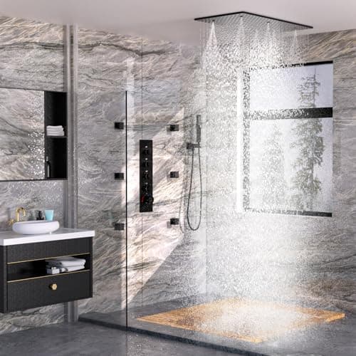 HOMEDEC Luxury Matte Black Shower System, Multi Functions 15.7x31.5inch Mist Rain Shower Head System with Full Body Sprays Jets, Rainfall Ceiling Thermostatic Shower Faucet Set