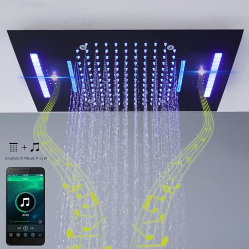 MONDAWE 23" Full Body Thermostatic Shower Jets System, 64-Color LED Music Waterfall Rainfall Luxury Shower Head System with 6 Spray Jets, Ceiling Mount Rain Shower Faucet Set, Matte Black