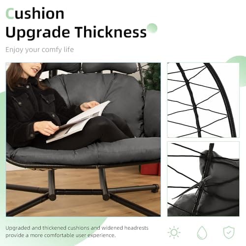 Double Egg Chair wth Stand Hammock Swing Chair Foldable Hanging Loveseat, UV Resistant Removable Cushions, 700LBS Capacity for Bedroom, Balcony, Garden(BK-GR)
