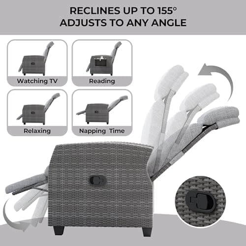 Outdoor Wicker Recliner Chair, Patio Recliner with Independently Adjustable Backrest and Footrest, All-Weather PE Wicker Patio Reclining Lounge Chair with Flip-Up Table Air Pump 155° Lay Flat