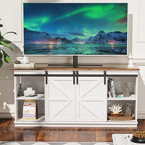 YESHOMY Farmhouse TV Stand and Entertainment Center for Televisions up to 65 Inchs, with Sliding Barn Doors and Storage Cabinets, Console Table and Media Furniture for Living Room, 58 Inch, Milk White
