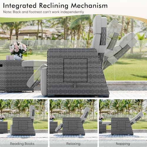 Outdoor Recliner Patio Chair, All-Weather Wicker Furniture Reclining with Air Pump, 150° Lay-Flat Position, Extended Footrest, Flip-Up Side Table, Removable Gray Olefin Cushions