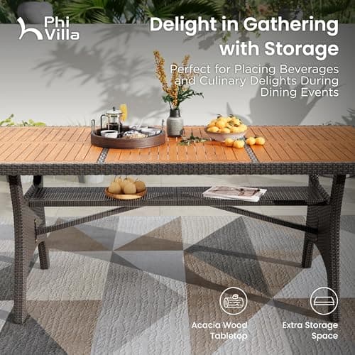 PHI VILLA Outdoor Dining Table for 6/8, 74" Rectangle Wicker Table with Acacia Wood Top & Storage Panel, Large Farmhouse Modern Furniture for Patio, Deck, Backyard, Porch