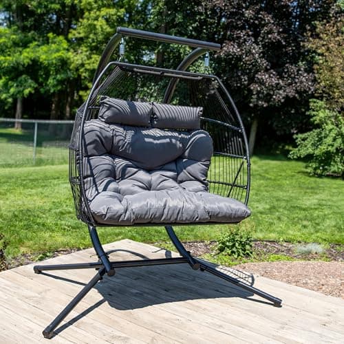 Sunnydaze Andrei Double Hanging Egg Chair with Stand - 2-Person Outdoor Egg Chair - Includes Steel Stand and Cushion - Dark Gray