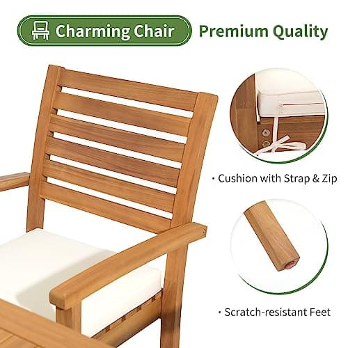 OC Orange-Casual Stackable Patio Dining Chairs Set of 4, Outdoor Acacia Wooden Chairs w/Armrest & Removeable Fabric Cushion, for Porch, Backyard, Garden, Indoor, Beige