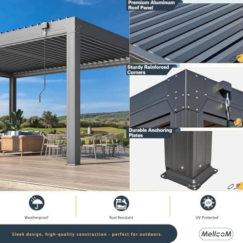 MELLCOM 10x20FT Louvered Pergola with 6 Pull-Down Screens, Aluminum Pergola with Adjustable Rainproof, Dark Gray