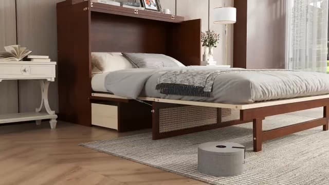 KEIKI Queen Size Cabinet Murphy Bed with Charging Station, Drawer, Removable Shelves, Multiple Storage Foldable Hideaway Wall Murphy Bed Frame, No Box Spring Needed, Easy Assembly, for Bedroom, Walnut