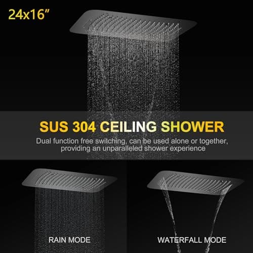 AYIVG Matte Black Thermostatic Rainfall Full Body Shower System With 2 In 1 Waterfall Rainfall Ceiling Mount 16 X 24 Inch Rain Shower Head 6 Jets Temperature Display Shower Faucet Set