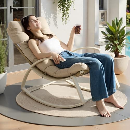 IRONCK Patio Rocking Chair, Outdoor Rocking Chair with Armrest and Cushion, Handwoven Twisted Rattan Rocker for Indoor Living Room Balcony Garden Porch, Beige
